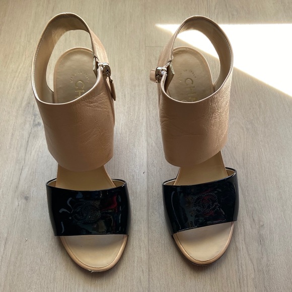 Chanel Open Toe Sandals Heels 37.5 Black Beige - Picture 6 of 9